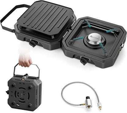 Gonex 2 Burner Propane Camping Stove with Griddle & Grates, Portable Foldable Cooking Stove with Total 16,000 BTU, Two Piezo Ignition Adjustable Burners for Camping, Patio, Emergency, Hiking (Black)