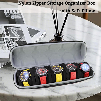 Juntan 5 Slots Hard Watch Travel Case, Portable Nylon Travel Watch Roll Case, Zipper Storage Organizer Box for Men Women with Soft Compressible Foam Pillow Silver