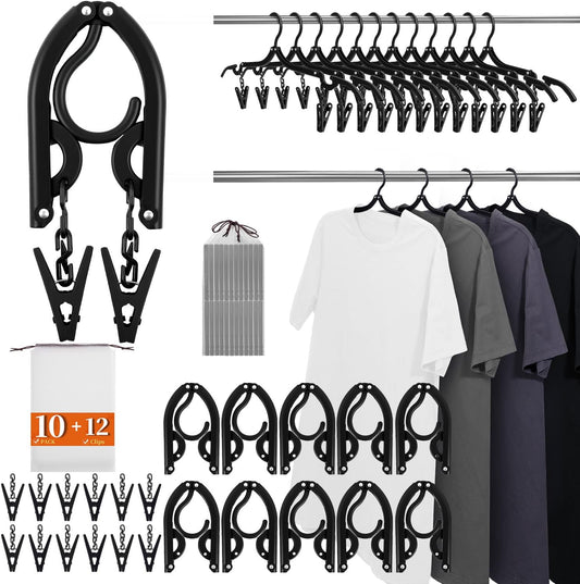 10 Pack Foldable Travel Hangers with 12 Clips - Portable Collapsible Clothes Hangers, Lightweight Folding Coat Hanger & Travel Drying Rack for Clothes