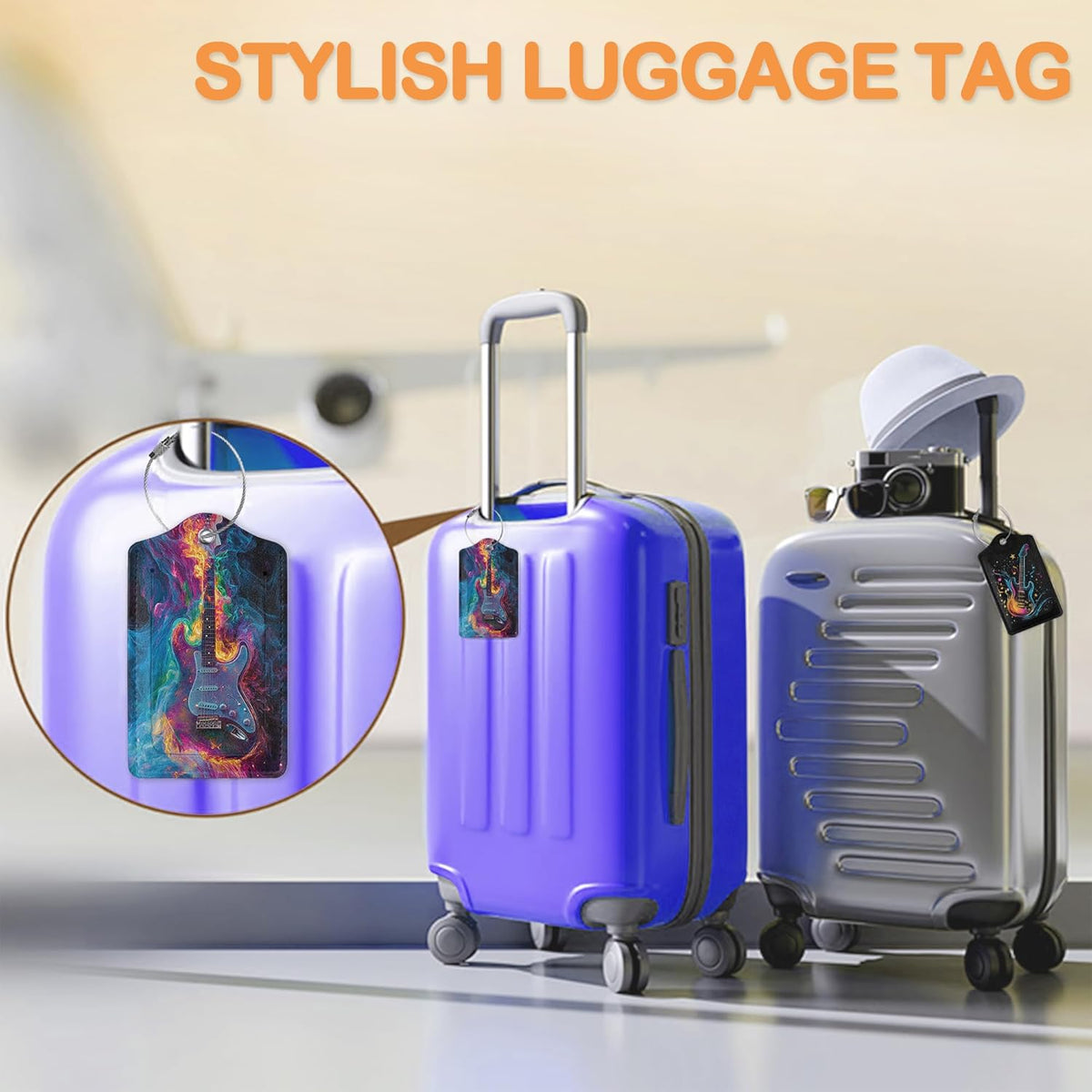 Electric Guitar Neon 3 PCS PU Leather Luggage Tags for Suitcase, Color Burst Guitar Luggage Tag with Privacy Flap, Name ID Label and Metal Loop for Women Men Baggage Handbag School Bag Backpack