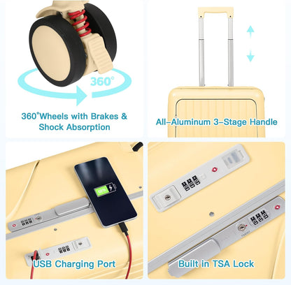 22" Ride-On Luggage with Seat for Kids & Adults, Lightweight Hardside Ride-On Suitcase with Front Opening, TSA Lock, 360° Spinner Wheels, Yellow