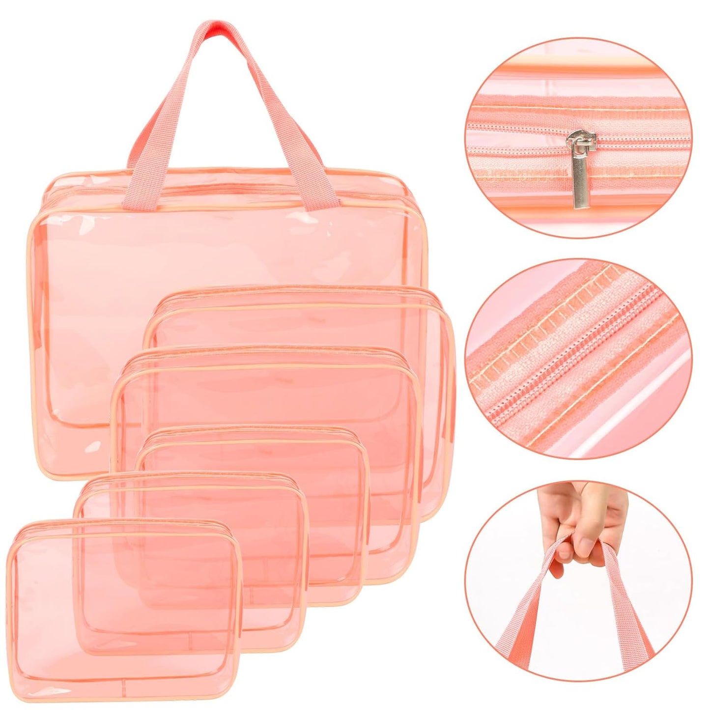 APREUTY Clear Makeup Bags, TSA Approved 6 Pcs Cosmetic Makeup Bags Set Clear PVC with Zipper Handle Portable Travel Luggage Pouch Airport Airline Vacation Organization (Peach)