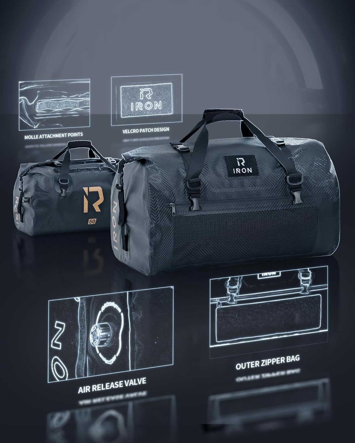 IRON JIA'S Motorcycle Dry Bag - Waterproof Duffle & Luggage Tail Bag Saddle Bags with Roll Top Closure, Shoulder Straps, Inner Pocket and Mesh Pocket (Carbon Fiber, 50L)