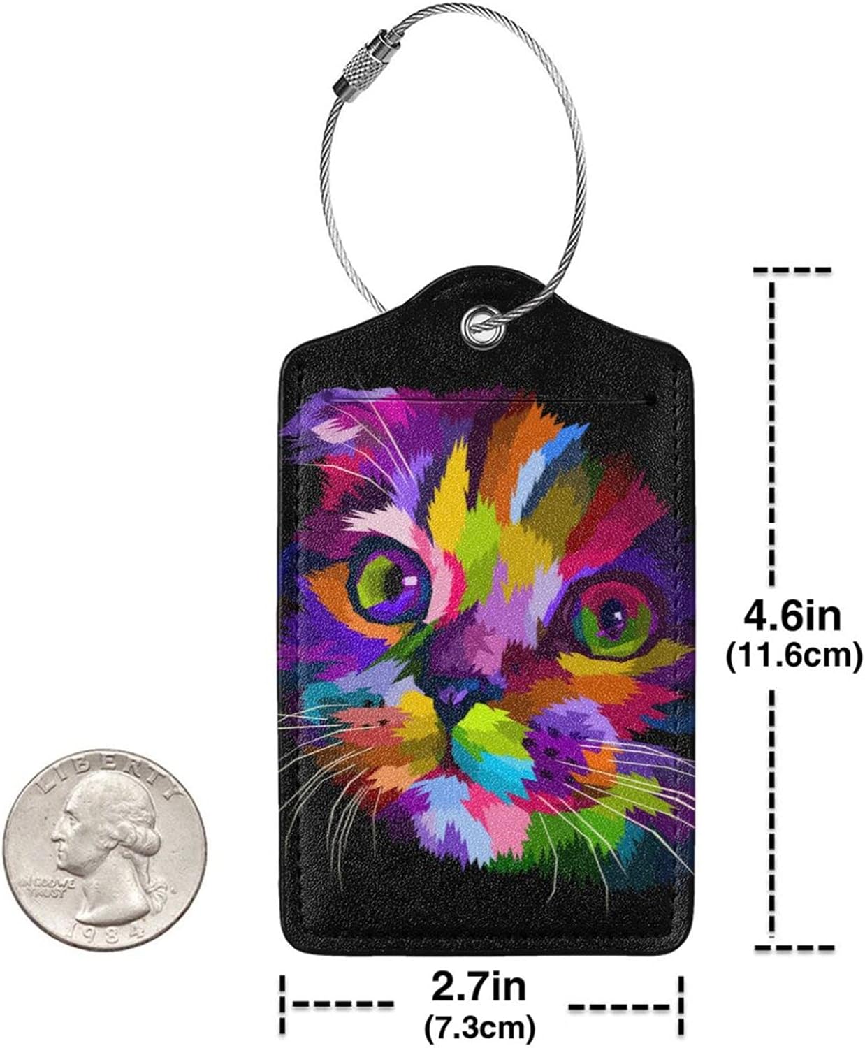 Cute Cat Leather Luggage Tags for Adults Teens, 2 Pack Colorful Art Kitten Animal Travel Bag Suitcase Labels with Stainless Steel Loop ID Tags Card Baggage Bag Label