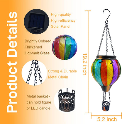 Colorful Hot Air Balloon Solar Lantern with Flickering Flame Light Glass Hanging Solar Lanterns Outdoor Waterproof for Garden Tree Yard Patio Party Decor