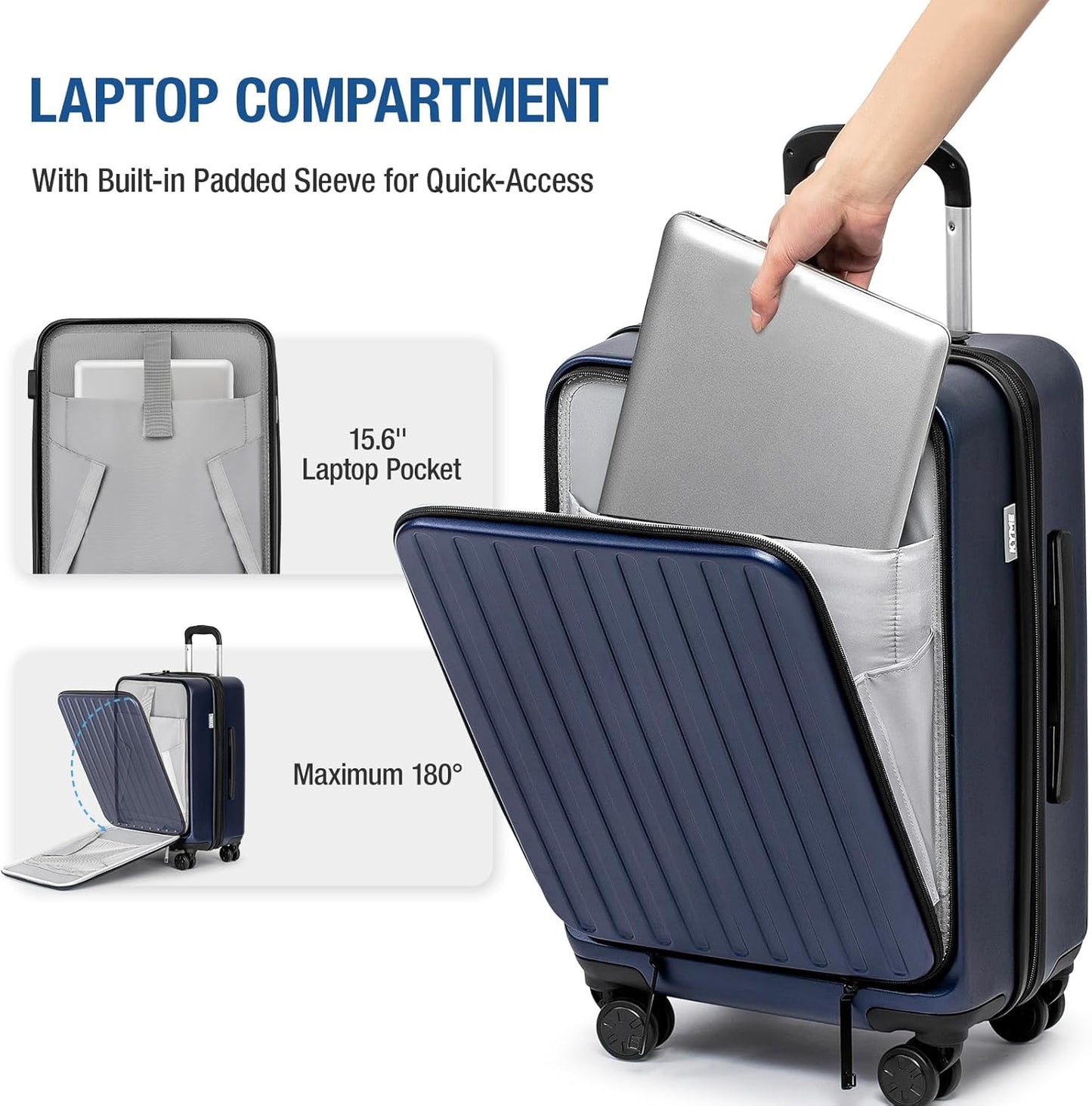 KYME Luggage Sets, 100% PC Suitcase With Double Spinner Wheels & TSA Lock, Hard Shell 3 Piece Set, 22/26/30, Navy