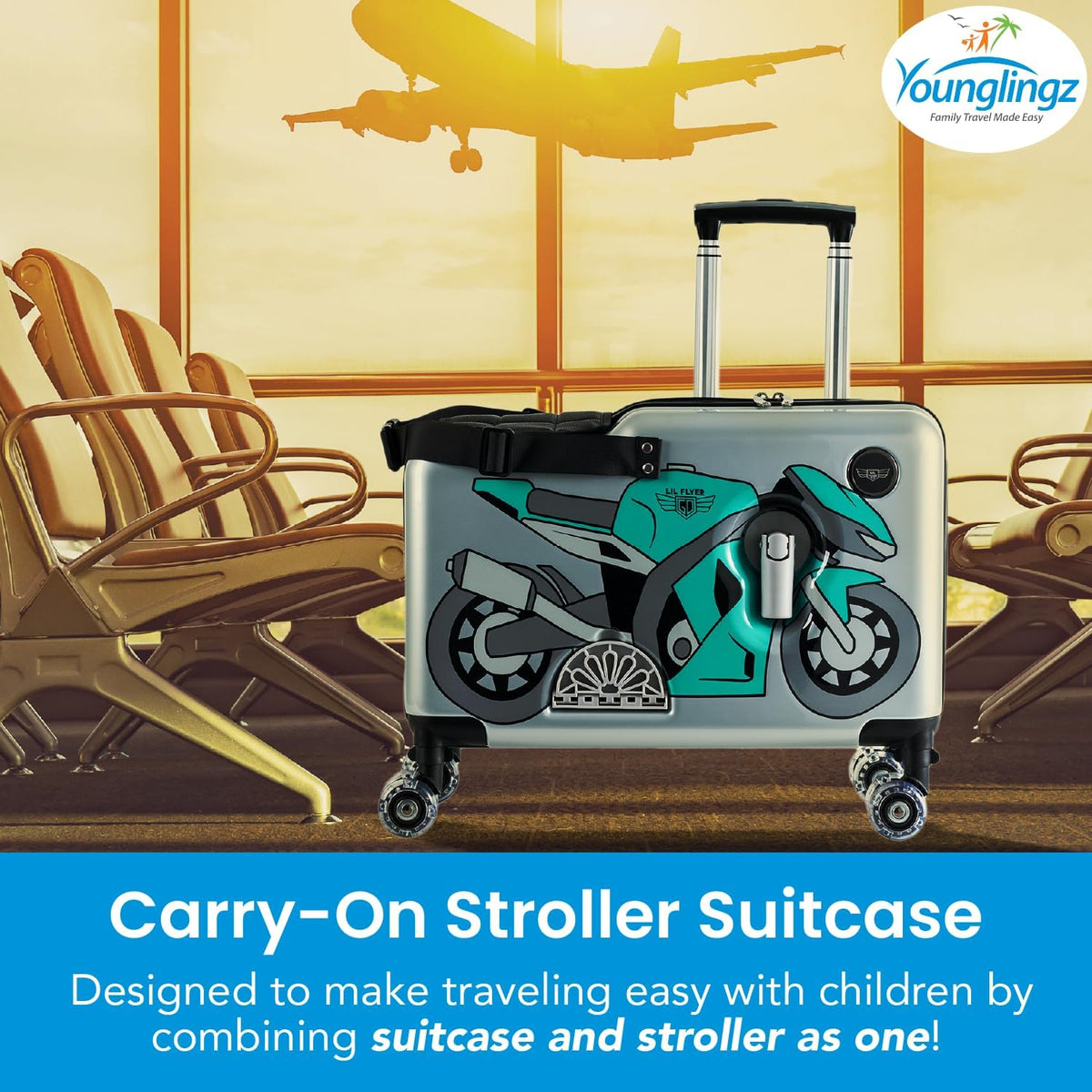 Younglingz LIL FLYER GO Version 2 Ride On Suitcase for Kids | Carry On Luggage with Toddler Seat, Foldable Handlebars, Pedals, and Removable Wheels | Holds up to 80 lbs | Green Motorcycle | Ages 2-6