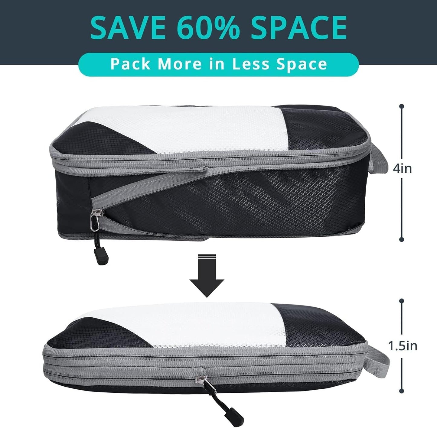 7 Set Compression Packing Cubes for Travel - Compressible, Lightweight, and Space-Saving Packing Cubes, Travel Essentials for Women, Black