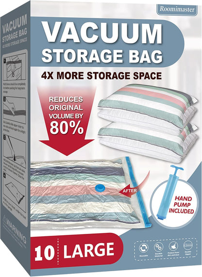 10 Large Vacuum Storage Bags with Hand Pump, Large Vacuum Seal Bags for Clothing, Space Saver Bags for Travel Lugggage, Blankets, Comforters