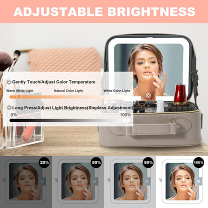 Mocado Travel Makeup Bag with LED Lighted Mirror,Travel Makeup Organizer,Makeup Case with 3 Color Lighted Setting and 10x Magnifying Mirror,Portable Storage and Adjustable Dividers Makeup Box(Grey)