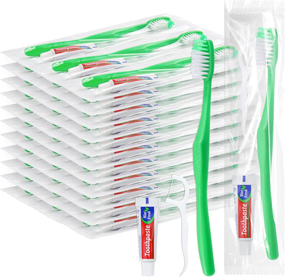 Disposable Toothbrushes with Toothpaste and Floss,100Pcs Green Single Use Individually Wrapped Disposable Travel Toothbrushes and Dental Floss Kit Bulk for Homeless,Airbnb,Hotel,Dentist