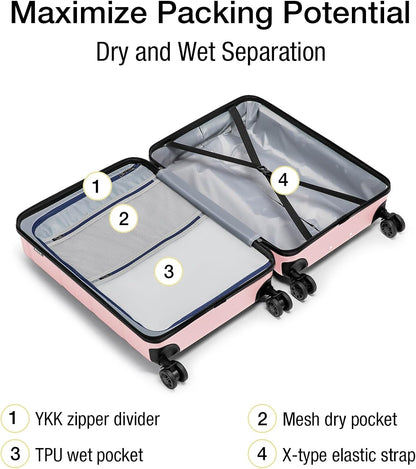 KYME Pink Hardside Carry On Luggage 22x14x9 Airline Approved with TSA Lock Hardshell Carry-On Suitcase with Wheels Travel Rolling 22 inch Luggage with Cup Holder for Women