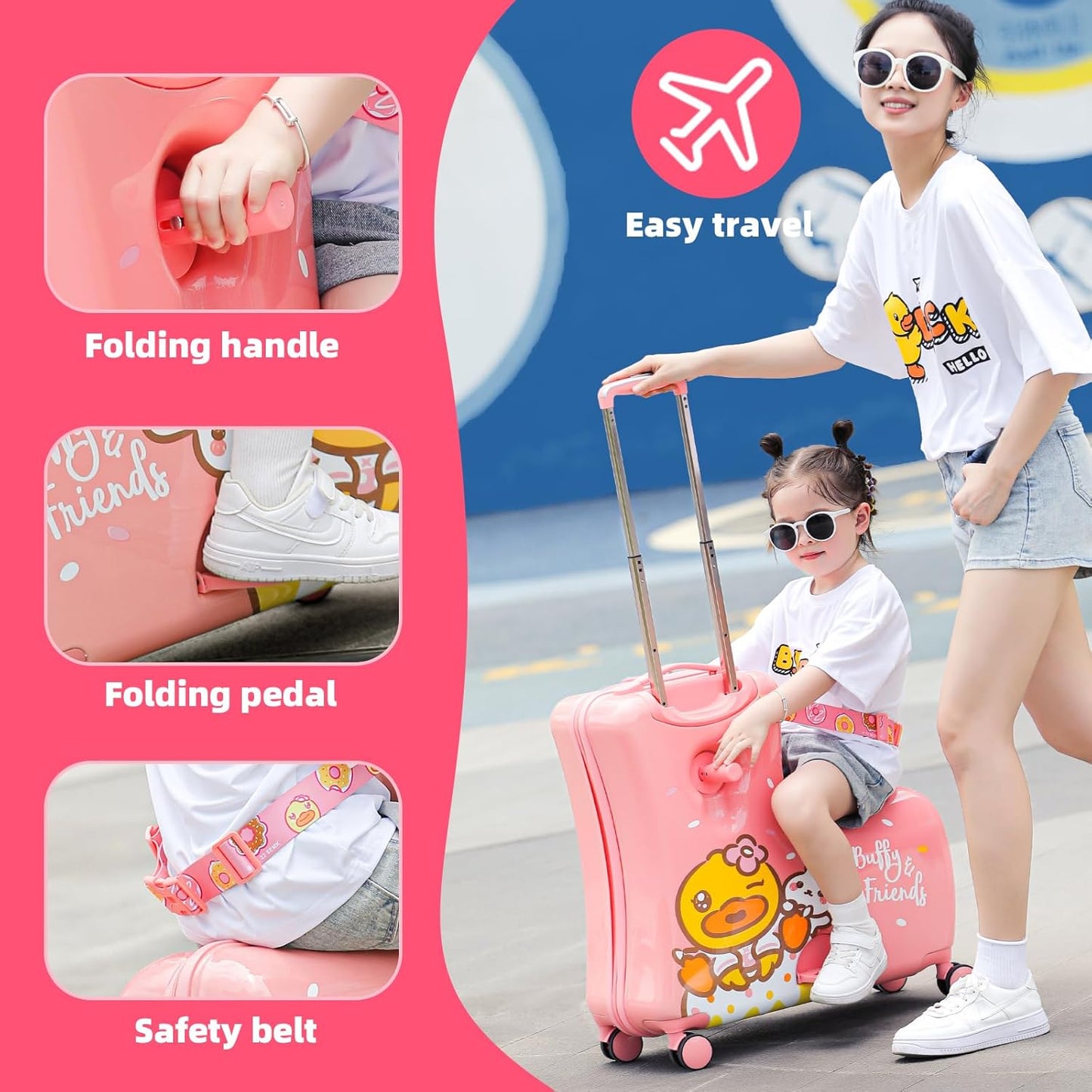 Kids' Lightweight Ride on Luggage with Spinner Wheels & Foldabe Design (Pink Rabbit, 20"+ Aged 1-3 Toddler),Children Holiday Birthday Gift