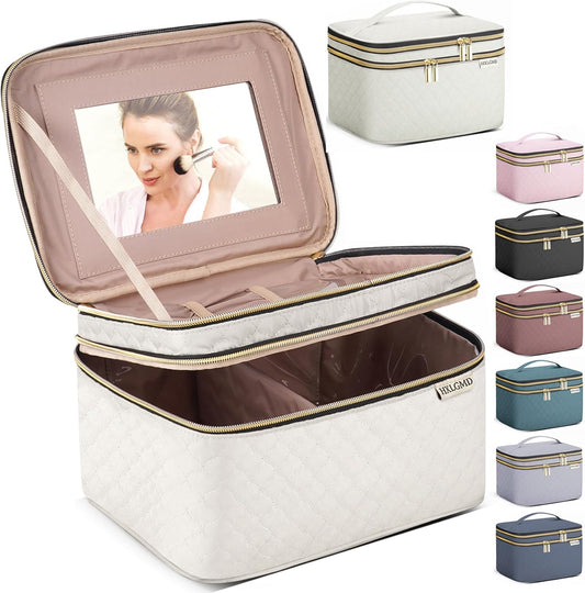 Large Makeup Bag with Mirror Double Layer Travel Make Up Organizer Case, Large Capacity Coemetic with Brush Slot Divider, Travel Toiletry Bag for Women - White/Beige
