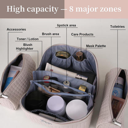 BOYATU Travel Makeup Bags for Women: Large Makeup Organizer - 3 Pcs Make up Bags Set - Vegan Leather Cosmetic Bag with Protable Handle & Divider (L18 Beige)