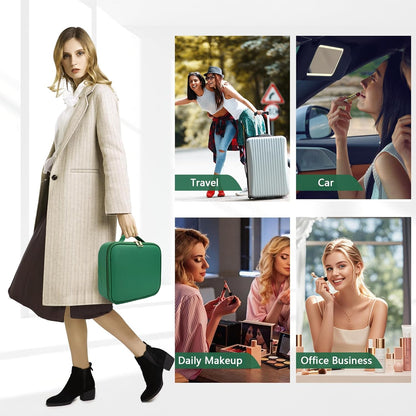 Travel Makeup Bag,with Mirror 3 Color Setting and Detachable 10x Magnifying Mirror Travel Makeup Bag,Portable Storage and Adjustable Dividers（Dark green）