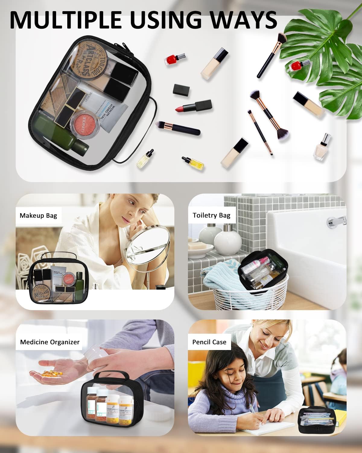 Moyad TSA Approved Clear Toiletry Bag with Handle, 2 Pack Quart Size 3-1-1 Liquids Pouch for Travel, Transparent Makeup & Cosmetic Organizer for Women Men, Black