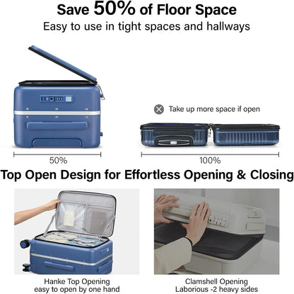 Hanke 20 Inch Carry On Luggage with Cup Holder and Charge,Top Opening Hard Shell Suitcases with Wheels and Dividers,Aluminum Frame Trunk Luggage Small Suitcase with Lock for Travel,Interstellar Blue