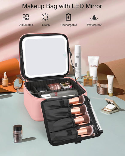Relavel Makeup Bag with Light Up Mirror, Makeup Case Travel Cosmetic Bags Brush Organizer Storage Box, Rechargeable Vanity Mirror with 3 Color Lights, High Frame Mirror Protection (Pink)