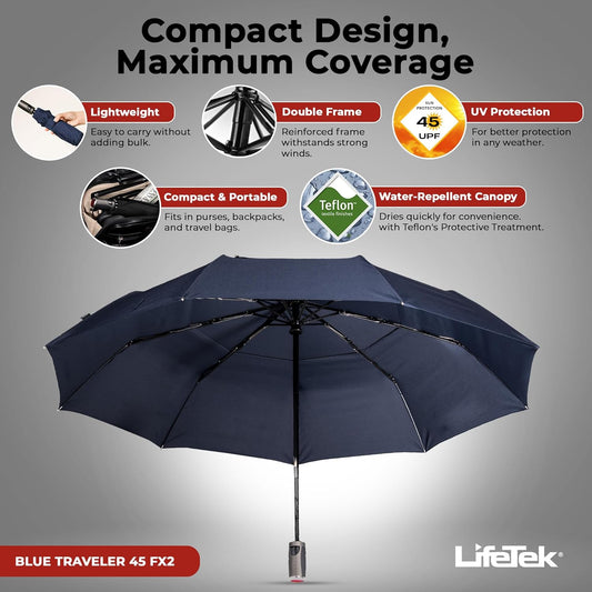 LifeTek Premium Travel Umbrella - Windproof & Compact for Men & Women, Automatic Open Close, Fits in Purse Laptop Bag or Backpack, Strong Frame for Heavy Rain & Sun UV Protection