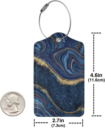 2PC Dark Blue Marble Luggage Tags Leather Suitcase Tag Privacy Name ID Card Quick to Find Out Travel Bag Labels with Stainless Steel Loop for Women Men Chilren Set of 2
