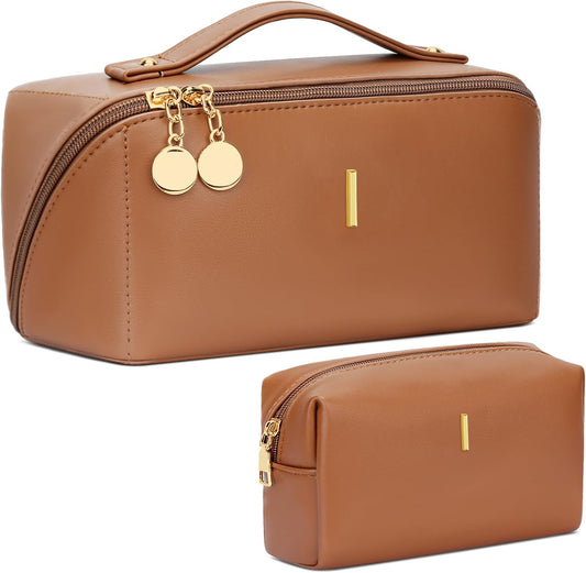 Birthday Gifts for Women Teen Girl, Personalized Initial Makeup Organizer Bag Set, Open Flat Travel Cosmetic Bag With Clear Divider and Handle(Brown,I)