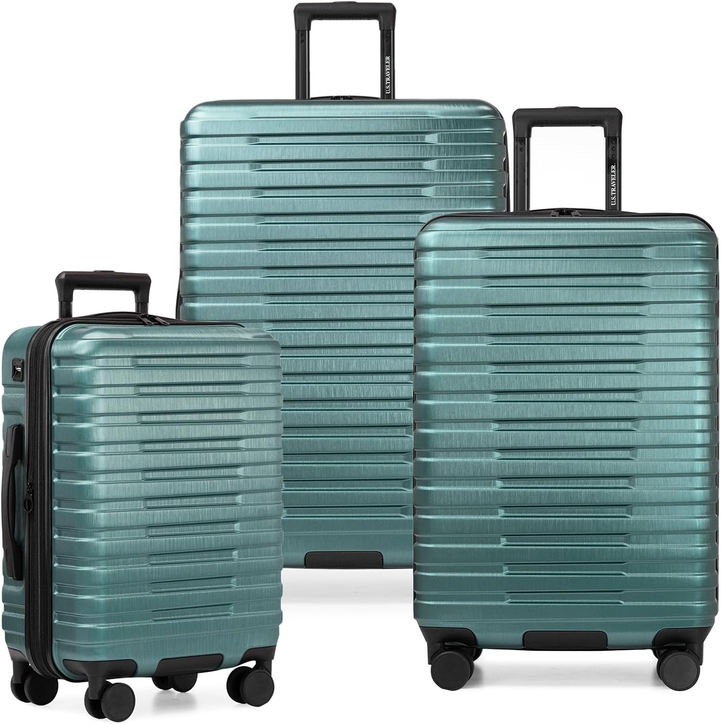 U.S. Traveler Boren Polycarbonate Hardside Rugged Travel Suitcase Luggage with 8 Spinner Wheels, Aluminum Handle, Teal, 3-Piece Set, USB Port in Carry-On