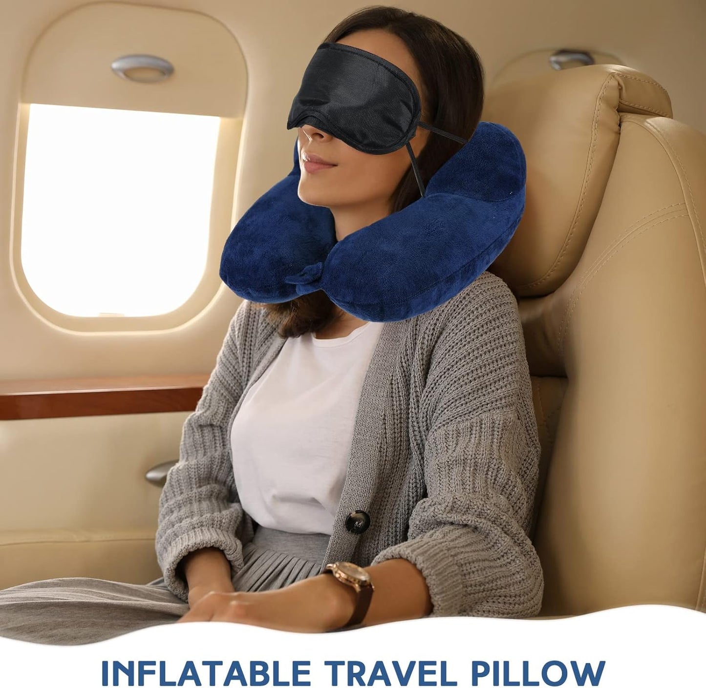 Sintuff 2 Pack Inflatable Travel Pillow for Airplanes Inflatable Neck Flight Pillows with Compact Bag and Blindfold for Traveling, Airplane, Train, Car, Office(Gray and Blue)