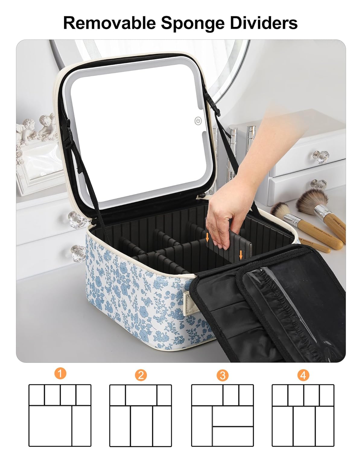 Relavel Travel Makeup Bag with LED Mirror, Portable Cosmetic Train Case with 3 Color Lighted Brightness Mirror, Makeup Artist Organizer Storage with Adjustable Dividers Make Up Box - Blue Flower