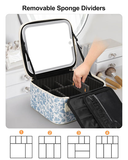 Relavel Travel Makeup Bag with LED Mirror, Portable Cosmetic Train Case with 3 Color Lighted Brightness Mirror, Makeup Artist Organizer Storage with Adjustable Dividers Make Up Box - Blue Flower