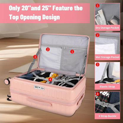 3-Piece 20/24 Top Opening Hardshell Lightweight Luggage and 28-Inch Clamshell Opening Suitcase with Spinner Wheels & TSA Locks for Woman Girls Travel, Pink 20in/24in/28in