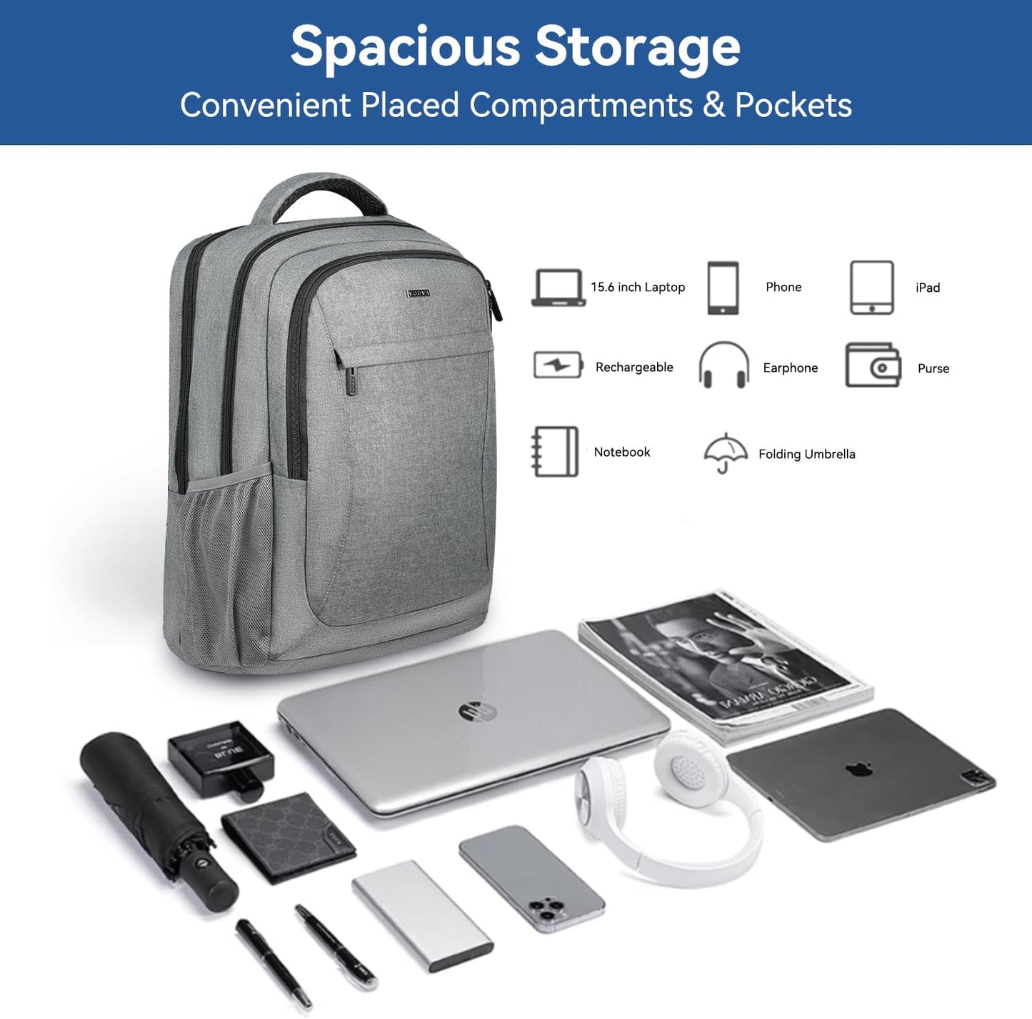 Voova Travel Laptop Backpack, Business Work Laptop Backpack for Women & Men with USB Charging Port, Waterproof Slim Durable College Computer Bag Fits 15.6 Inch Laptops and Notebook, Grey