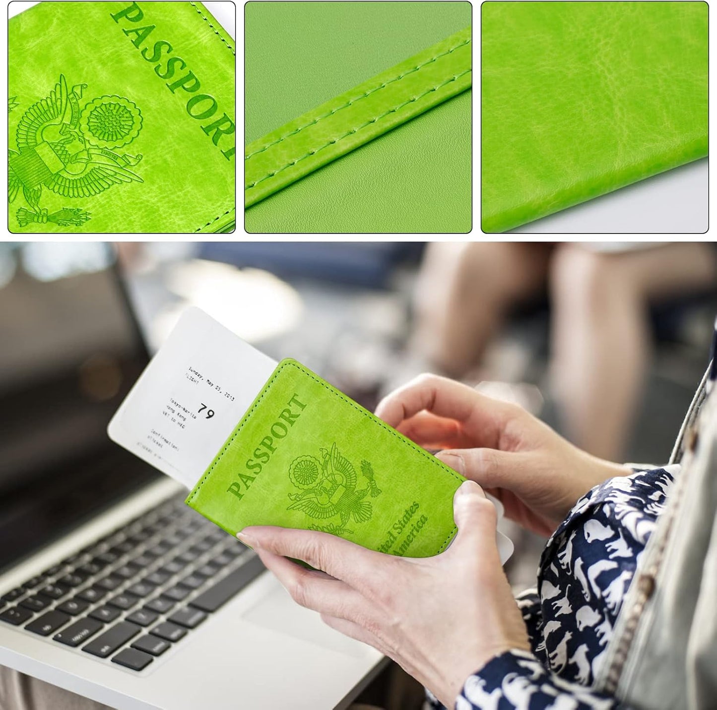 TIGARI Passport Holder for Travel Women Men, PU Leather Passport Wallet Cover Case Sleeve, Waterproof Protected Document Organizer, Family Vacation Plane Cruise Travel Essentials-Green