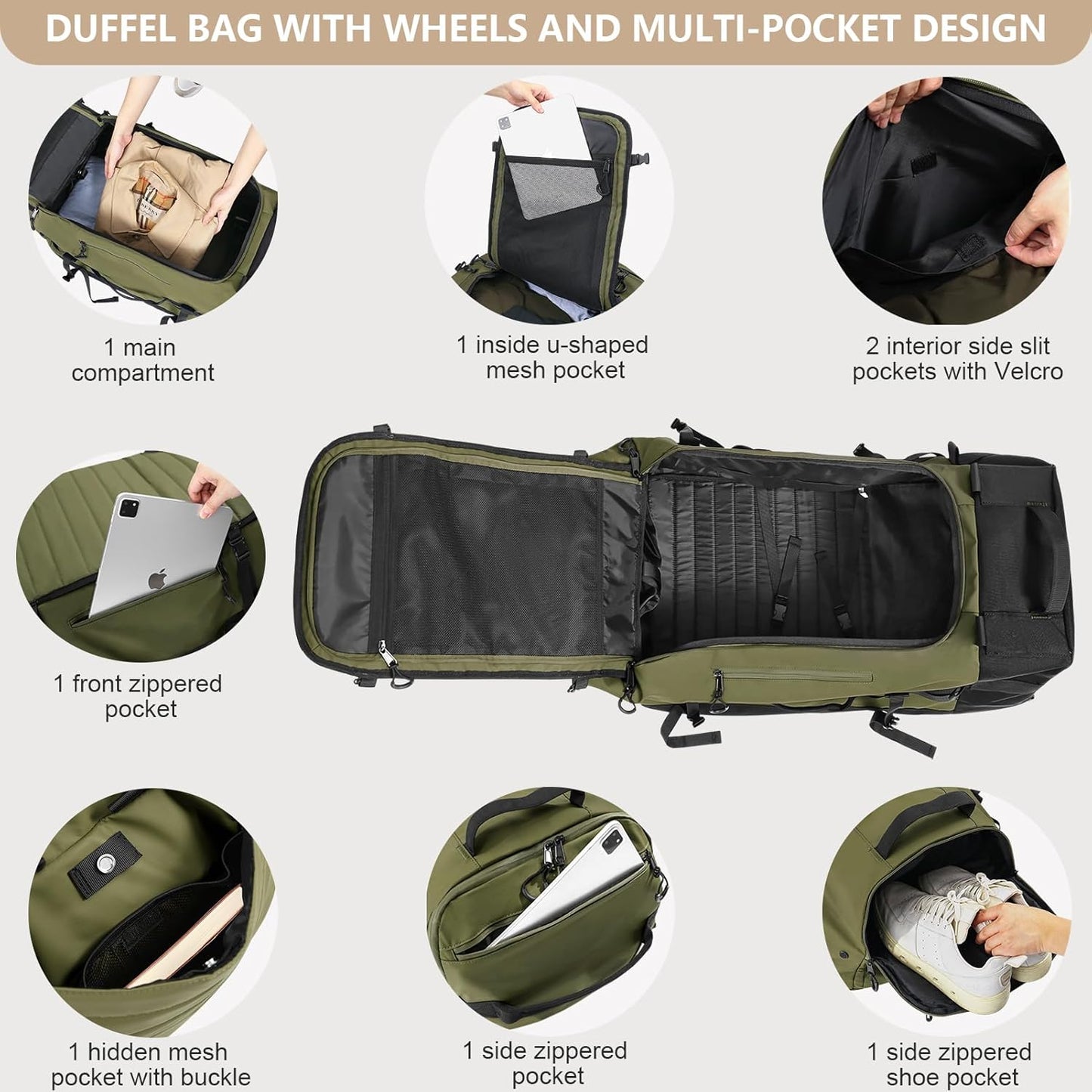 CONTAIL 86L Foldable Wheeled Duffel Backpack with Padded Quilted Bottom, Waterproof Collapsible Travel Duffle Bag with Extended Web Handles,No Telescope Handle,Army Green