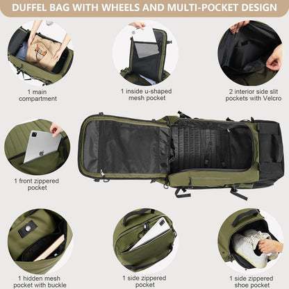 CONTAIL 86L Foldable Wheeled Duffel Backpack with Padded Quilted Bottom, Waterproof Collapsible Travel Duffle Bag with Extended Web Handles,No Telescope Handle,Army Green