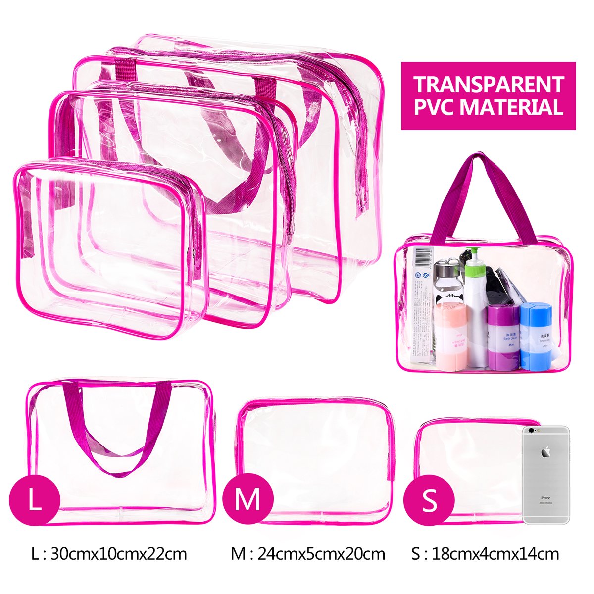 3Pcs Crystal Clear PVC Travel Toiletry Bag Kit for Women Men, Waterproof Vinyl Organizer Clear Makeup Bags with Zipper Handle Straps, Cosmetic Bag Pouch Carry on Airport Airline Compliant Bag Handbag