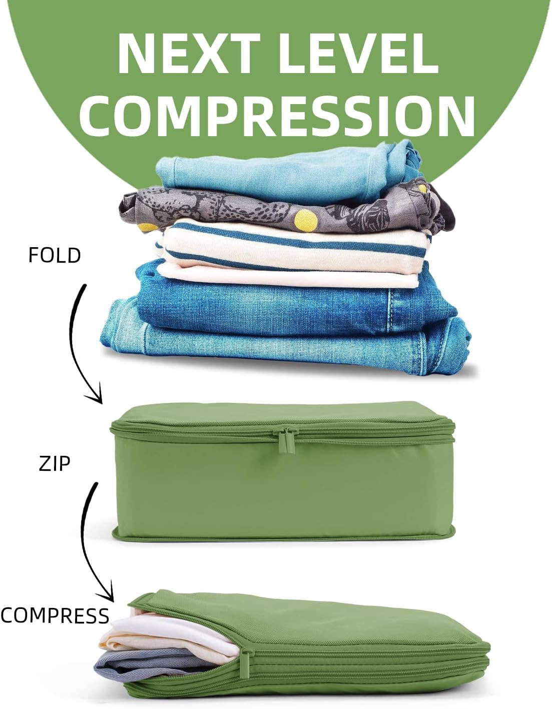 6 Set Compression Packing Cubes for Travel, Large Medium Small Luggage Organizers, Storage Bags for Clothes (6 Pack, Forest Green)