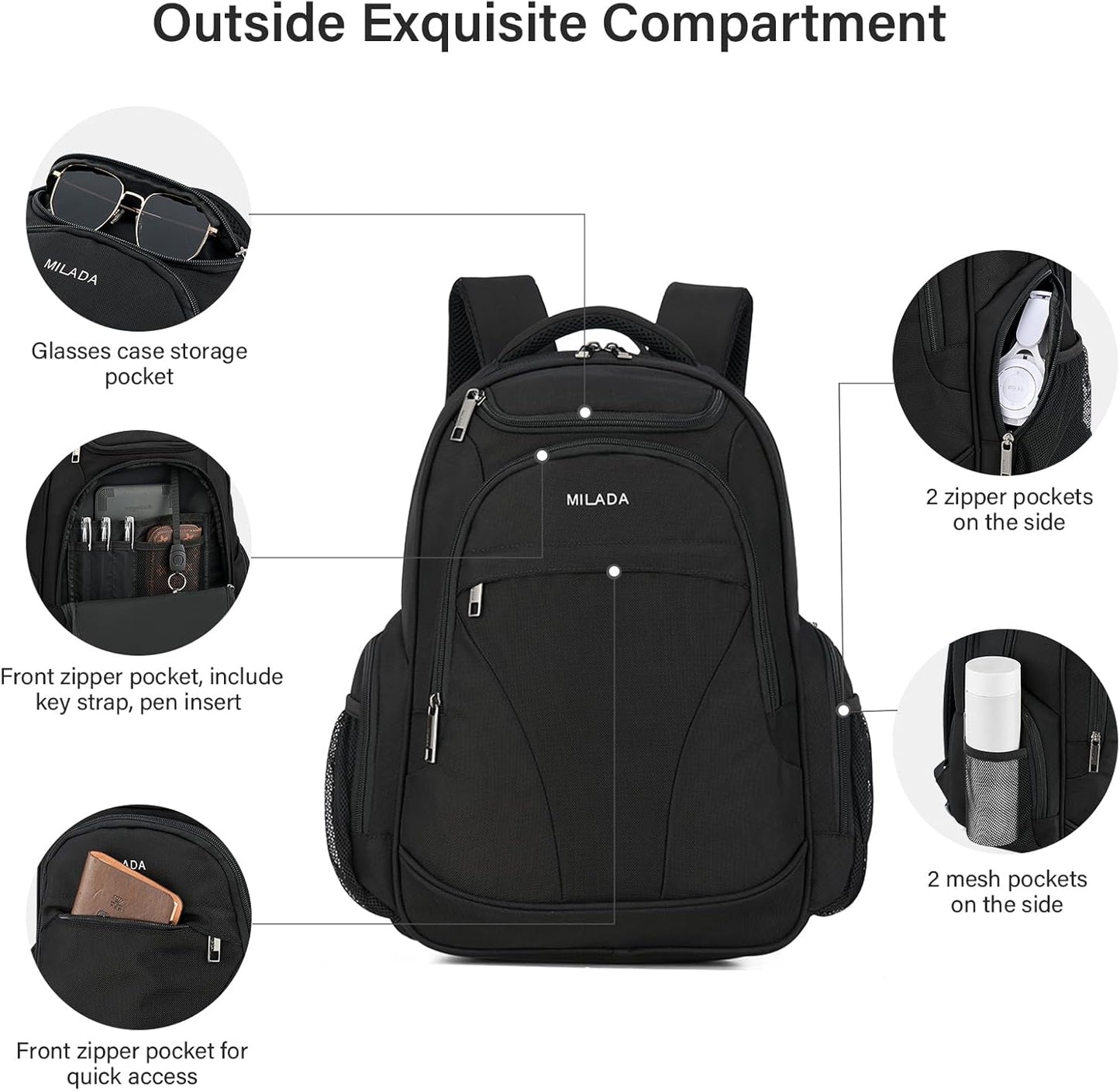 MILADA Travel Backpack For Men Laptop Backpack Women Business Carry On Backpack Airline Approved Fits 16.5 Inch Laptop Bag Work Backpack, Black