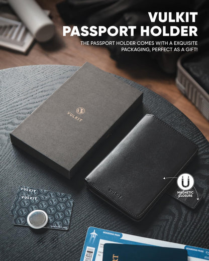 VULKIT Passport Holder with Airtag Holder RFID Blocking Passport Wallet Travel Leather Passport for Women(Iron Black)
