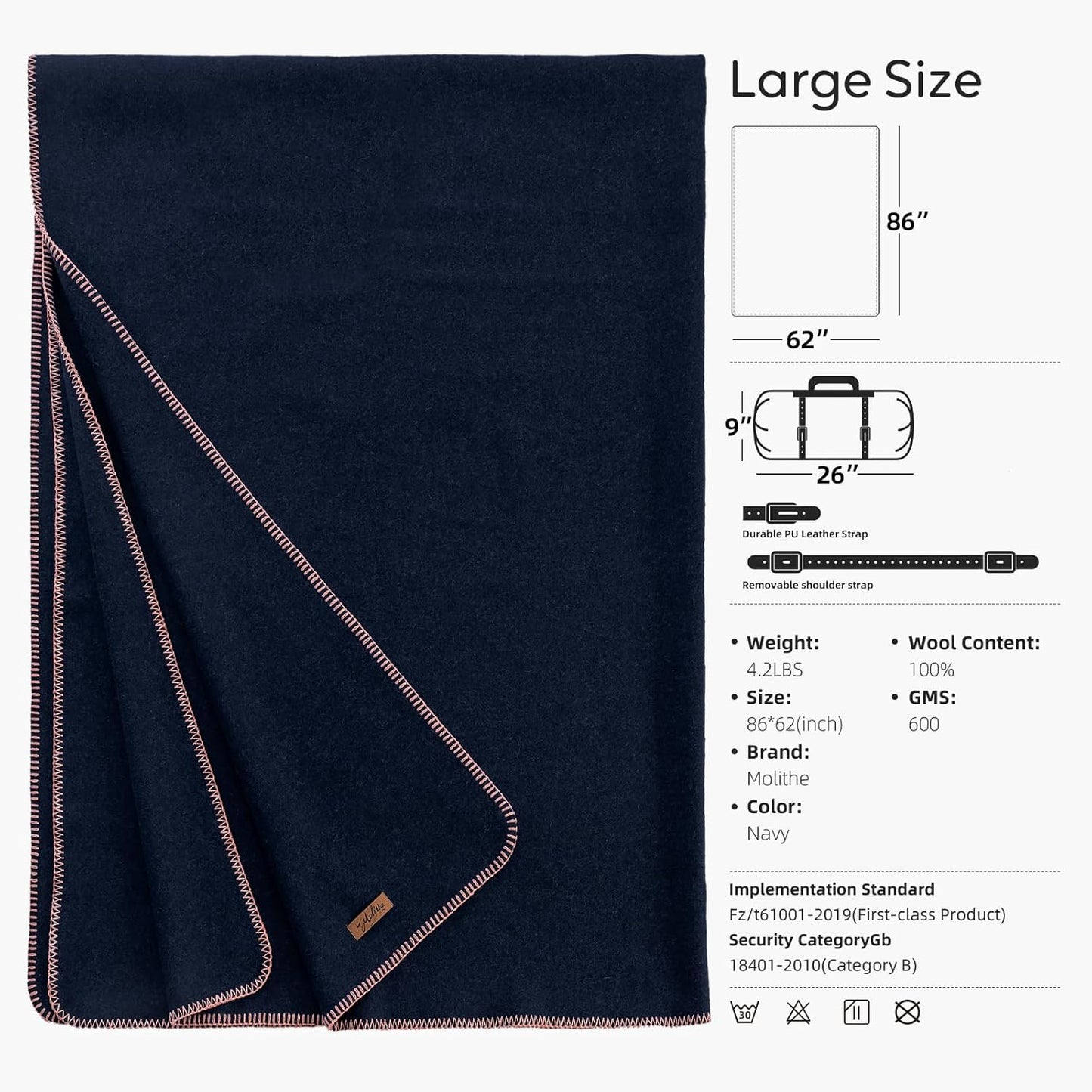 100% Wool Blanket, 62" x 86", Warm, Thick, Washable, Military Wool Blanket, Great for Camping, Outdoors, Sporting Events, Survival Kits