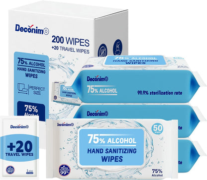 Advanced Large 75% Alcohol Hand Sanitizing Wipes, 4 Packs of 50 (200 Wipes) - Plus 20 Travel Packs - (Each Wipe Size 6" x 8")