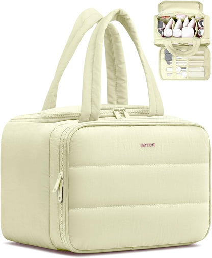 HOTOR Travel Toiletry Bag - Wide-Open Toiletry Bag for Women, Multi-Pocket Makeup Bag for Travel Essentials, Wet & Dry Separation Travel Accessories for Trip, Gym, 11.4" x 5.9" x 8.3", Beige