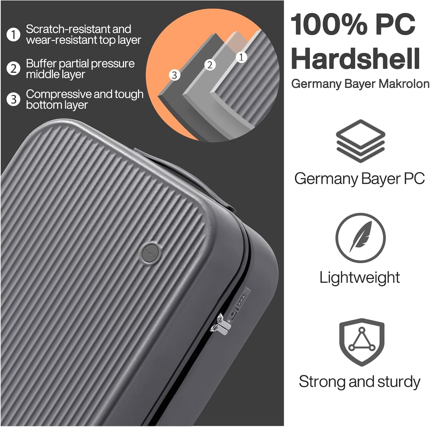 mixi 20 Inch Carry On Luggage PC Hardside Suitcases with Wheels & TSA for Travel Woman Men, Rock Gray