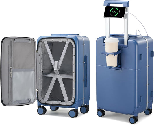 Hanke 20 Inch Carry On Luggage with Cup Holder and Charge,Top Opening Hard Shell Suitcases with Wheels and Dividers,Aluminum Frame Trunk Luggage Small Suitcase with Lock for Travel,Interstellar Blue