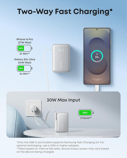 Anker Nano Power Bank, 10,000mAh Portable Charger with 2.3 ft InstaCord Retractable Cable, 45W Max Compact Battery Pack, Smart Display, for iPhone 16/17 Series, iPad, Galaxy, Pixel, and More