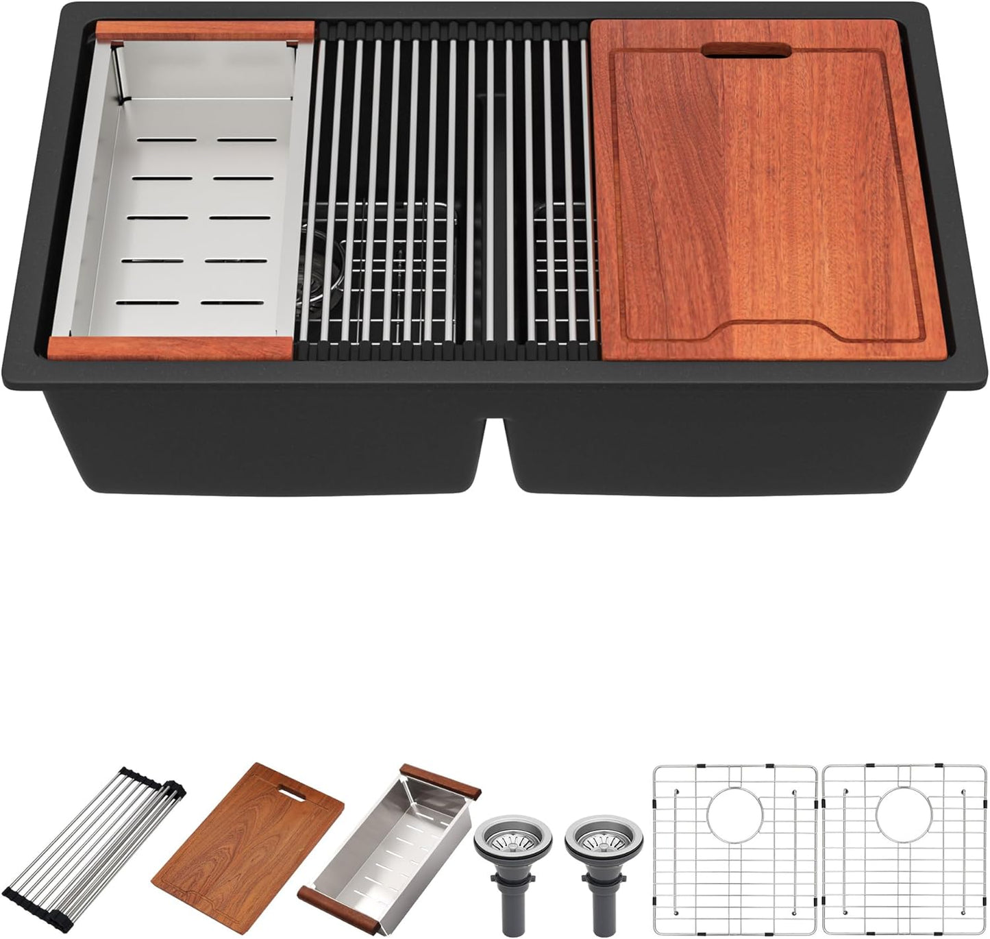 33 Inch Black Undermount Granite Composite Kitchen Sink Under Counter Quartz Single Bowl Sink Workstation Sinks with Accessories Quick Drain Noise Reduction Home Renovation Classic Style