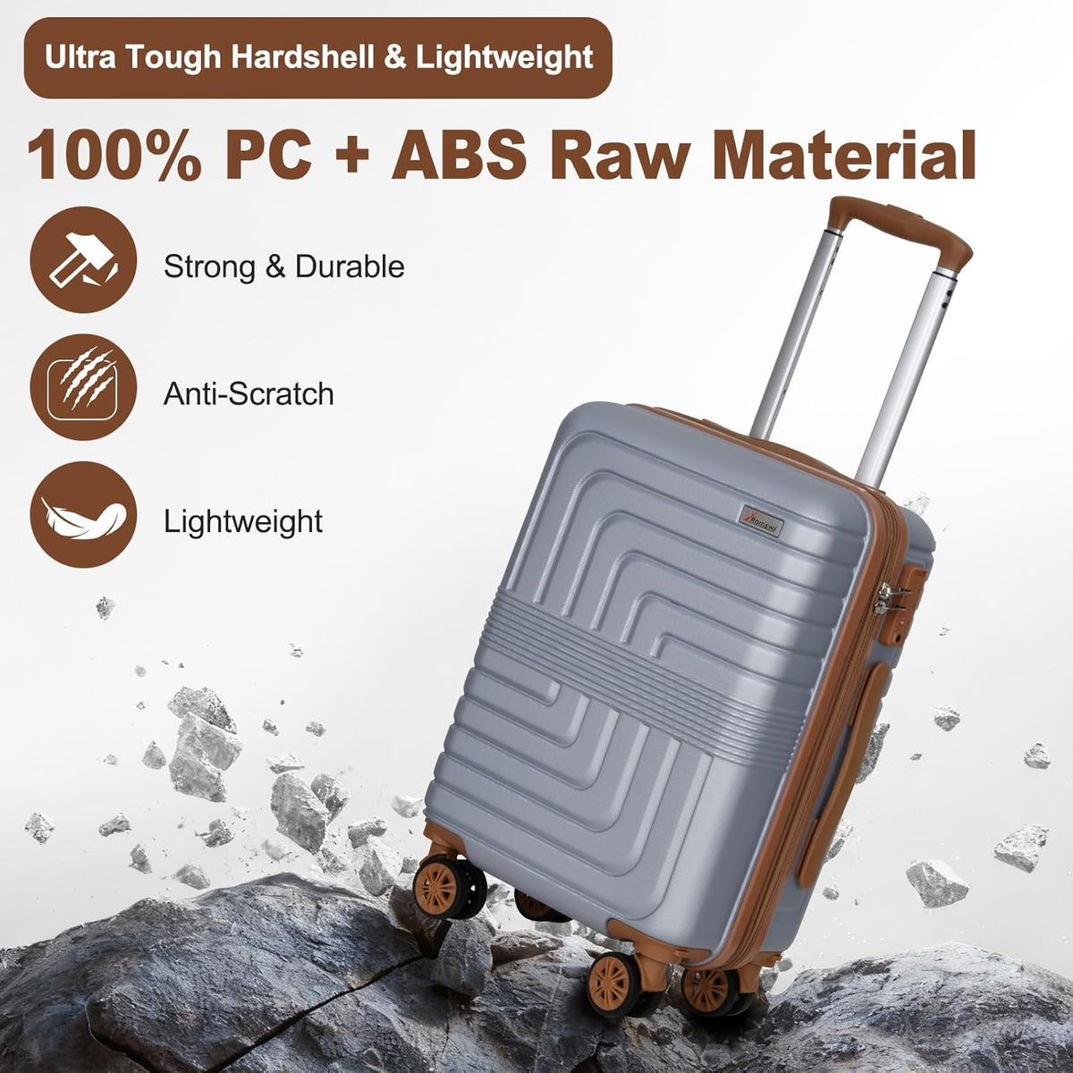 Romswi Expandable 20" Carry On Luggage,Hardshell Suitcase with Double Spinner Wheels for 20% More Space, Airline Approved Lightweight Hardside Luggage, Scratch-Resistant & YKK Zipper,Silver