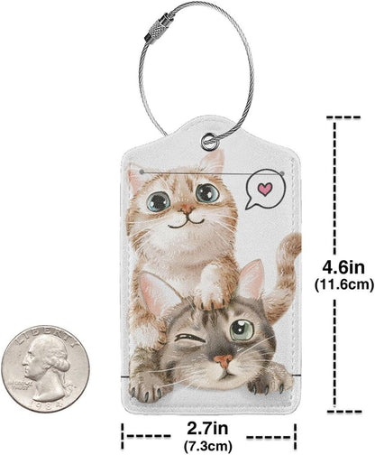 Set of 2 Cute Cats Luggage Tags for Suitcases Bag Tag with Full Back Privacy Suitcase Labels Identifiers, Funny Animals Pattern PU Leather Backpack Name Tags for Women Girls Teen Kids Boys Travel