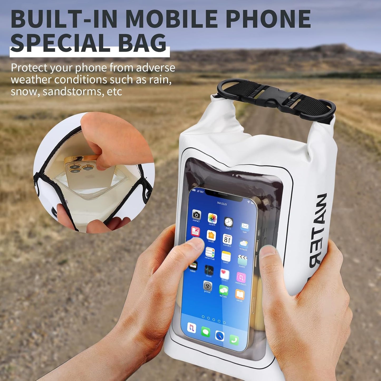 IP68 Waterproof Dry Bag, 2L - Roll Top Waterproof Pool Bag，Dry Bags for Kayaking Waterproof-w/Phone Pouch,Large Waterproof Phone Pouch,Boating & Kayak Accessories Camping (White)