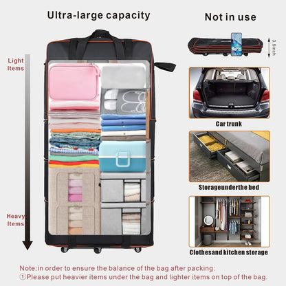 Expandable Large Capacity Travel Bag Oxford Cloth Duffel Bag with Wheels Lightweight Waterproof Travel Foldable Suitcase(Black)